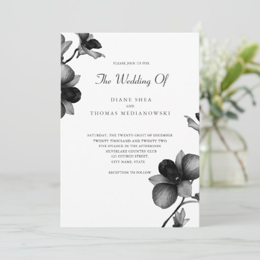 Black Orchid bruiloft uitnodiging (Staand voorkant)