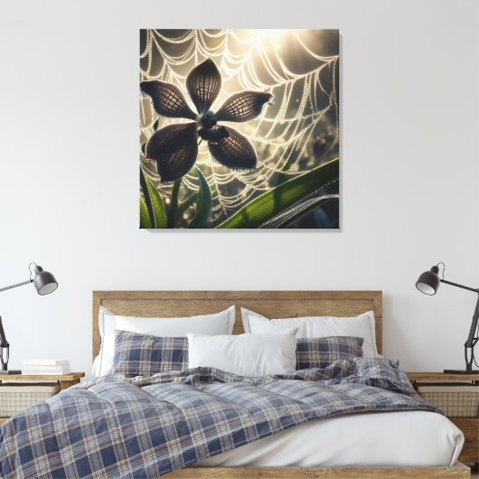 Black Orchid Spiderweb Floral Canvas Afdruk (Insitu (Slaapkamer))