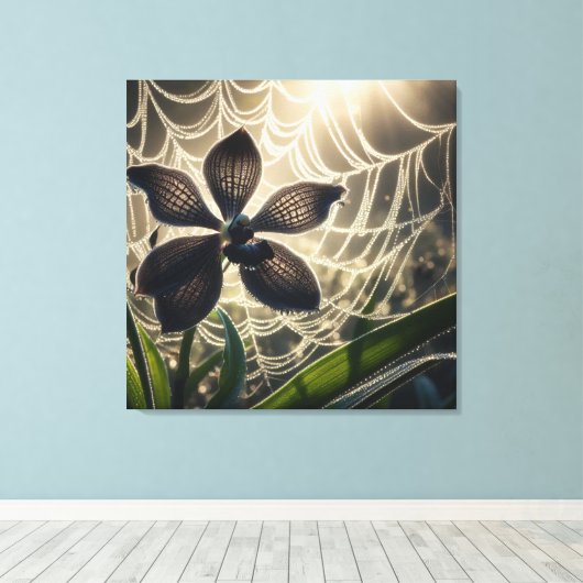 Black Orchid Spiderweb Floral Canvas Afdruk (Insitu (Houten vloer))