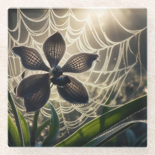 Black Orchid Spiderweb Floral Glazen Onderzetter (Voorkant)