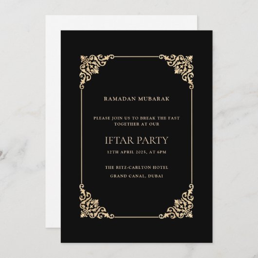 Black Ornate Baroque Gold Script Iftar Party Kaart (Voorkant / Achterkant)