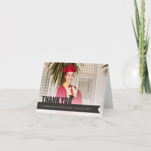 Black Overlay Ribbon Gradup Moderne Foto Bedankkaart (Voorkant)