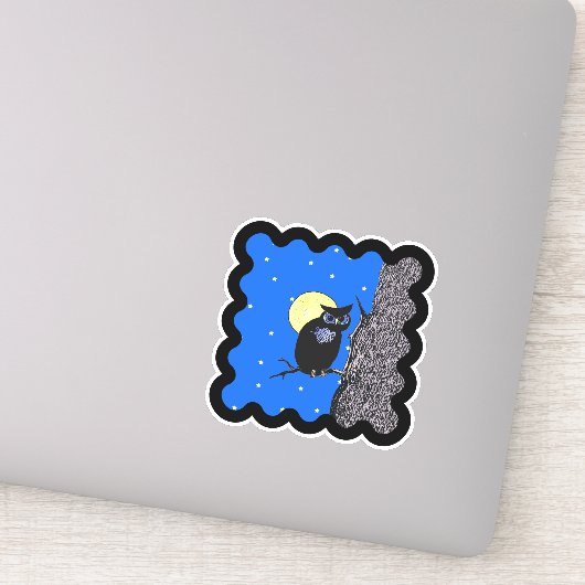 Black Owl Moon Stars Sitting in Tree Wavy Border Sticker (Detail)