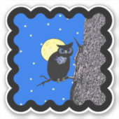 Black Owl Moon Stars Sitting in Tree Wavy Border Sticker (Voorkant)