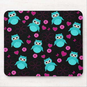Black Owl patroon roze harten bloemen Muismat