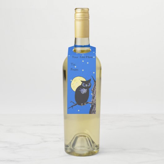 Black Owl Tree Branch Gele maan Sterren Blauwe Hem Flessenhanger (Op fles)