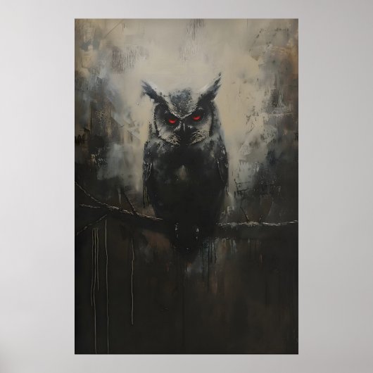 Black Owl with Red Eyes on Branch in Woodland Fore Poster (Voorkant)