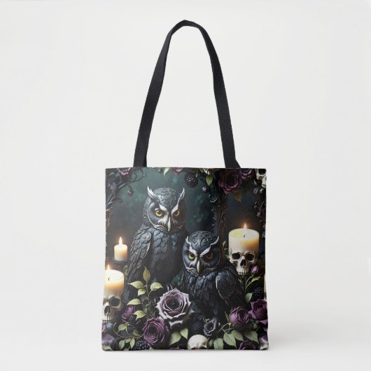 Black Owls Skull and Candles Tote Bag (Voorkant)