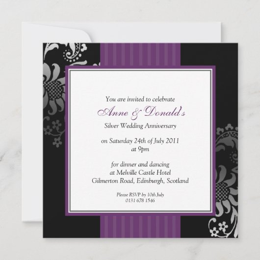 Black & Paars Damask Jubileum Party Kaart (Voorkant)