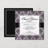 Black Paars Damask Sweet 16 party-uitnodigingen Kaart (Voorkant / Achterkant)