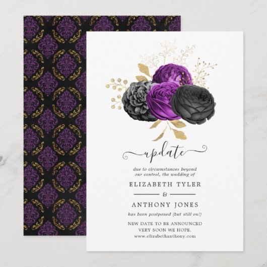 Black Paars en Gold Floral gothic Wedding Update Kaart (Voorkant / Achterkant)