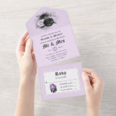Black Paars en Silver Floral Gothic Wedding All In One Uitnodiging (Afscheurbaar)