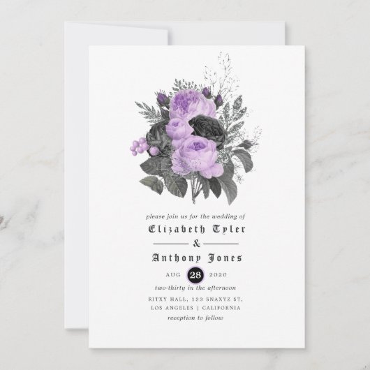 Black Paars en Silver Floral Gothic Wedding Kaart (Voorkant)