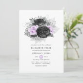 Black Paars en Silver Floral Gothic Wedding Kaart (Staand voorkant)