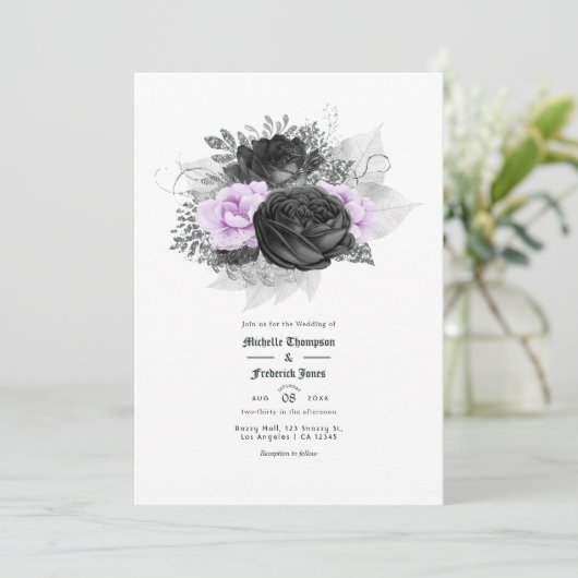 Black Paars en Silver Floral Gothic Wedding Kaart (Staand voorkant)