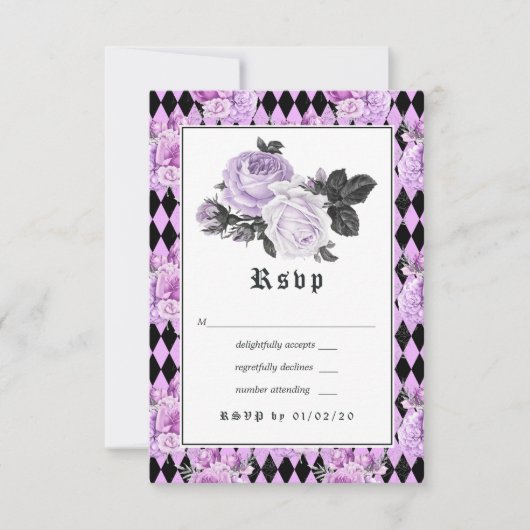 Black Paars en Silver Floral Gothic Wedding RSVP Kaartje (Voorkant)