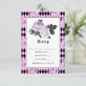 Black Paars en Silver Floral Gothic Wedding RSVP Kaartje (Staand voorkant)