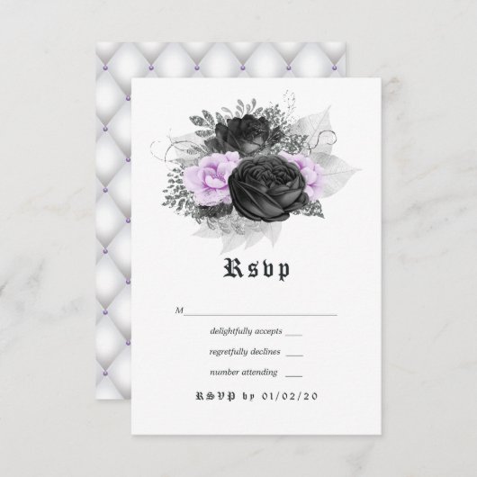 Black Paars en Silver Floral Gothic Wedding RSVP Kaartje (Voorkant / Achterkant)