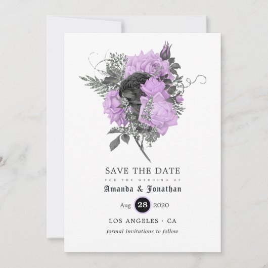 Black Paars en Silver Floral Gothic Wedding Save The Date (Voorkant)