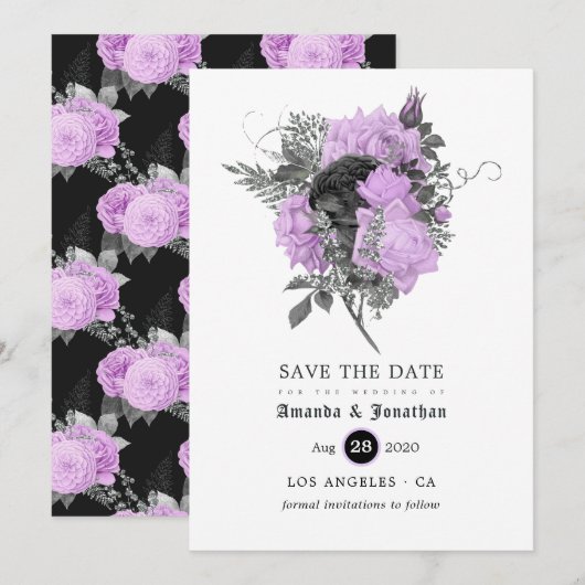 Black Paars en Silver Floral Gothic Wedding Save The Date (Voorkant / Achterkant)