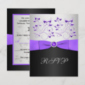 Black, Paars en Silver Floral RSVP-kaart RSVP Kaartje (Voorkant / Achterkant)