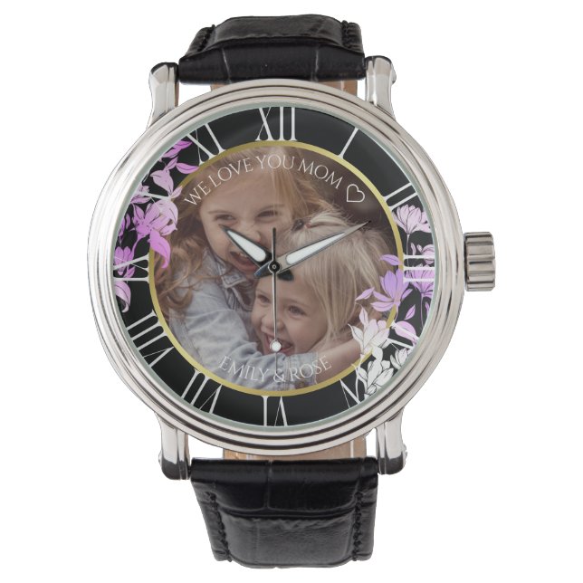 Black Paars Floral Custom Children Photo Template Horloge (Voorkant)