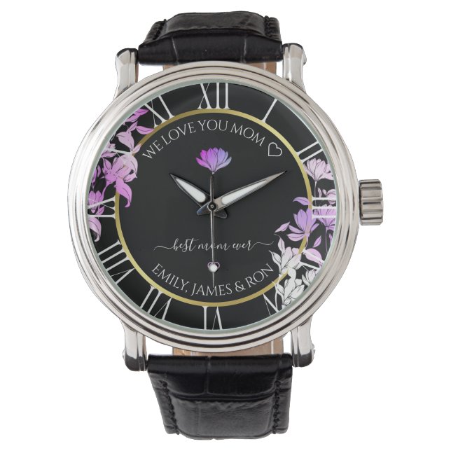 Black Paars Floral Custom Love Message Text Gold Horloge (Voorkant)