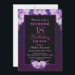 Black Paars Floral Surprise 18th Birthday Dinner Kaart<br><div class="desc">Een zwarte met paarse en roze florale verrassing 18e uitnodiging voor een verjaardagsfeest.</div>