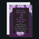 Black Paars Floral Surprise 21st Birthday Dinner Kaart<br><div class="desc">Een zwarte met paarse en roze florale verrassing 21ste uitnodiging voor een verjaardagsfeest.</div>