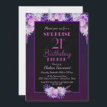 Black Paars Floral Surprise 21st Birthday Dinner Kaart<br><div class="desc">Een zwarte met paarse en roze florale verrassing 21ste uitnodiging voor een verjaardagsfeest.</div>