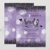 Black & Paars Glam Sweet 16 uitnodiging (Voorkant / Achterkant)