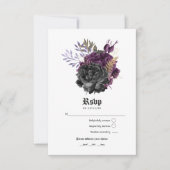Black Paars Gold Floral Gothic Wedding RSVP Kaartje (Voorkant)