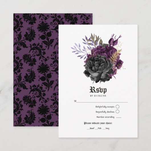 Black Paars Gold Floral Gothic Wedding RSVP Kaartje (Voorkant / Achterkant)