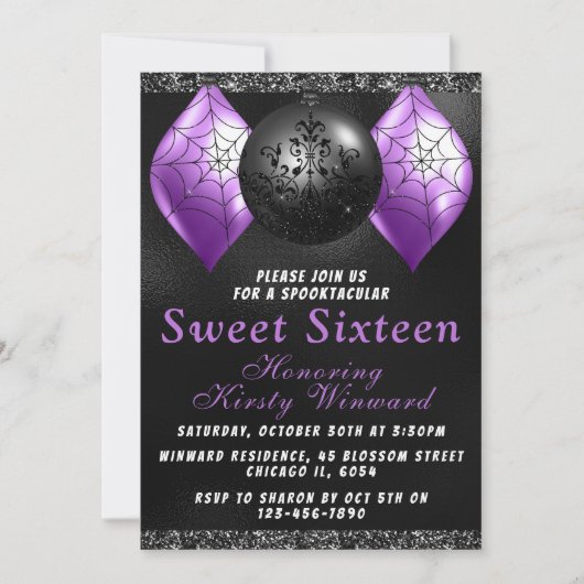 Black Paars Halloween Ornaments Sweet 16 Kaart (Voorkant)