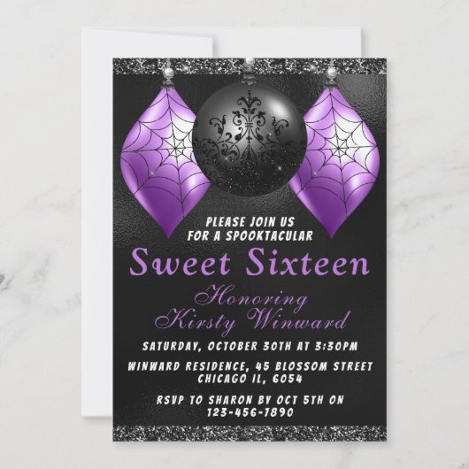 Black Paars Halloween Ornaments Sweet 16 Kaart (Voorkant)