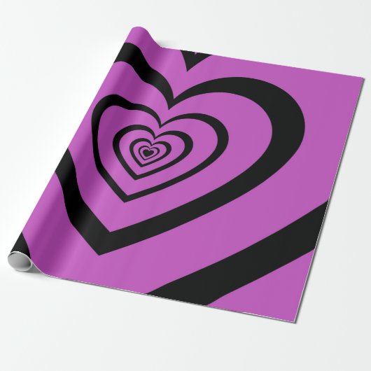 Black Paars Hypnotic Heart Love Pattern Cadeaupapier (Uitgerold)