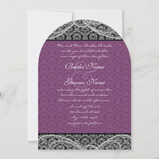 Black Paars Paisley Damask Wedding Invitation Kaart (Achterkant)