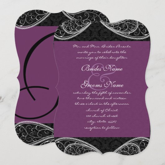 Black Paars Paisley Damask Wedding Invite Kaart (Voorkant / Achterkant)