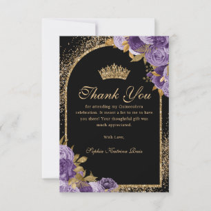Black Paars Plum Gold Glitter Floral Quinceanera Bedankkaart