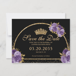 Black Paars Plum Gold Glitter Floral Quinceanera Briefkaart