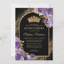 Black Paars Plum Gold Glitter Floral Quinceanera