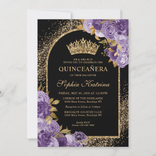 Black Paars Plum Gold Glitter Floral Quinceanera Kaart