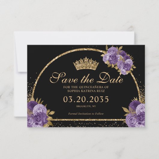 Black Paars Plum Gold Glitter Floral Quinceanera Save The Date (Voorkant)