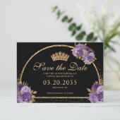 Black Paars Plum Gold Glitter Floral Quinceanera Save The Date (Staand voorkant)