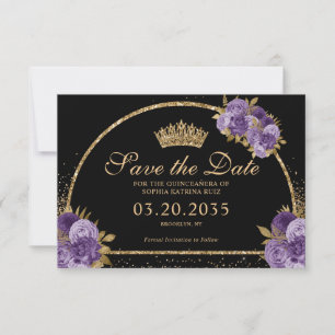 Black Paars Plum Gold Glitter Floral Quinceanera Save The Date