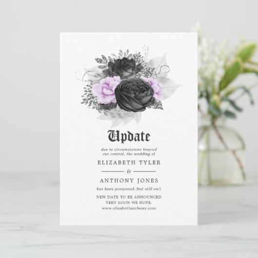 Black Paars & Silver Floral gothic Wedding Update Kaart (Staand voorkant)