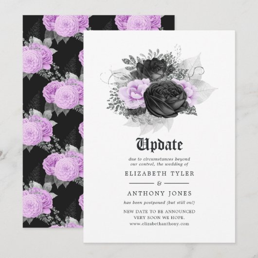 Black Paars & Silver Floral gothic Wedding Update Kaart (Voorkant / Achterkant)
