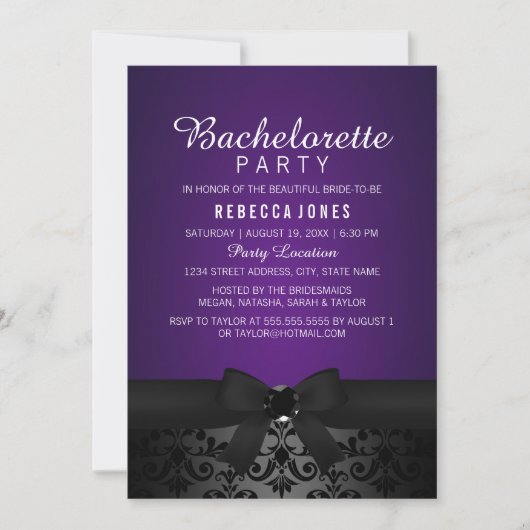 Black & Paarse Bow Bachelorette Party Uitnodigen Kaart (Voorkant)