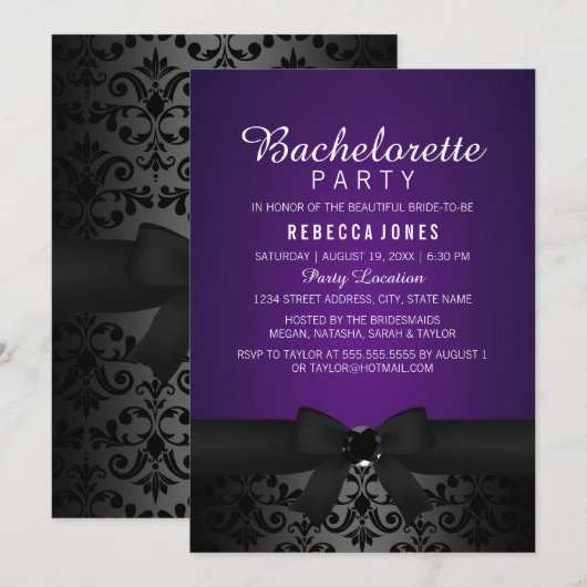 Black & Paarse Bow Bachelorette Party Uitnodigen Kaart (Voorkant / Achterkant)
