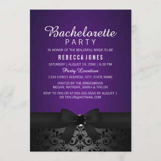 Black & Paarse Bow Bachelorette Party Uitnodigen Kaart